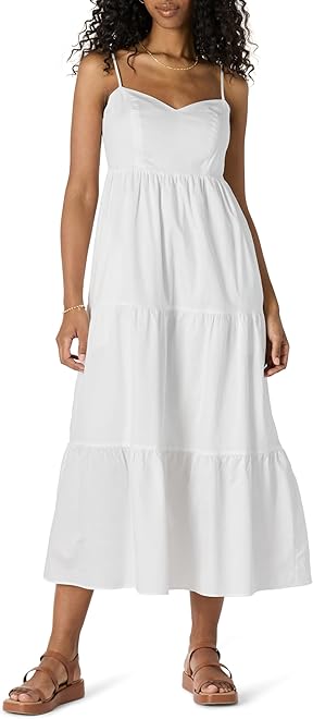 Women's Fit and Flare Empire Waisted Cotton Sateen Tiered Maxi Dress