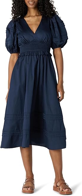 Women's Regular-Fit Cotton Sateen Puff Sleeve Midi Dress, V-Neck